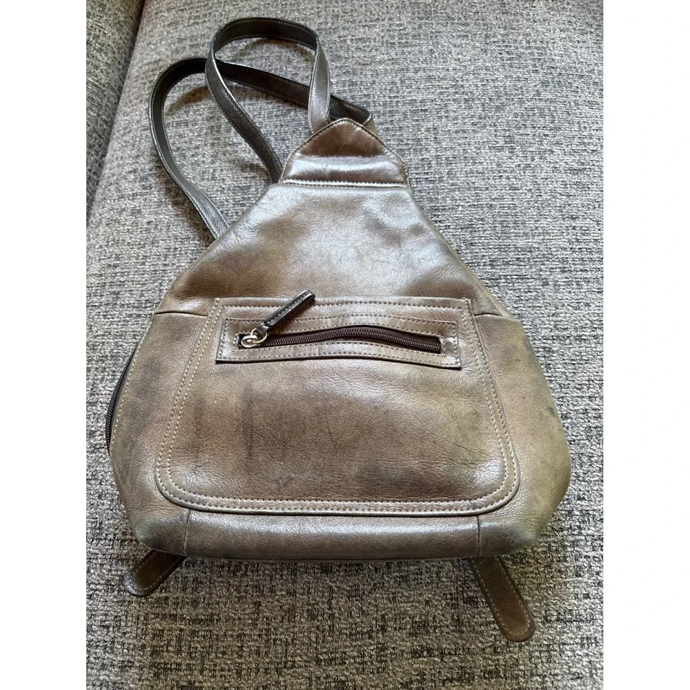 Tignanello Dark Brown Leather Sling Backpack Teardrop Triangle Bag Womens